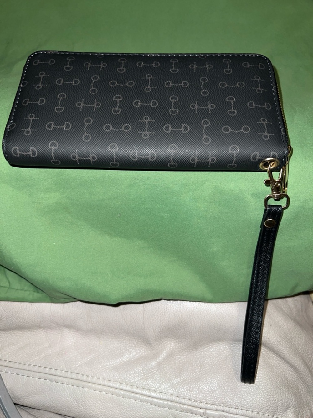 Black Patterned Zip-Around Wristlet Clutch with Detachable Strap